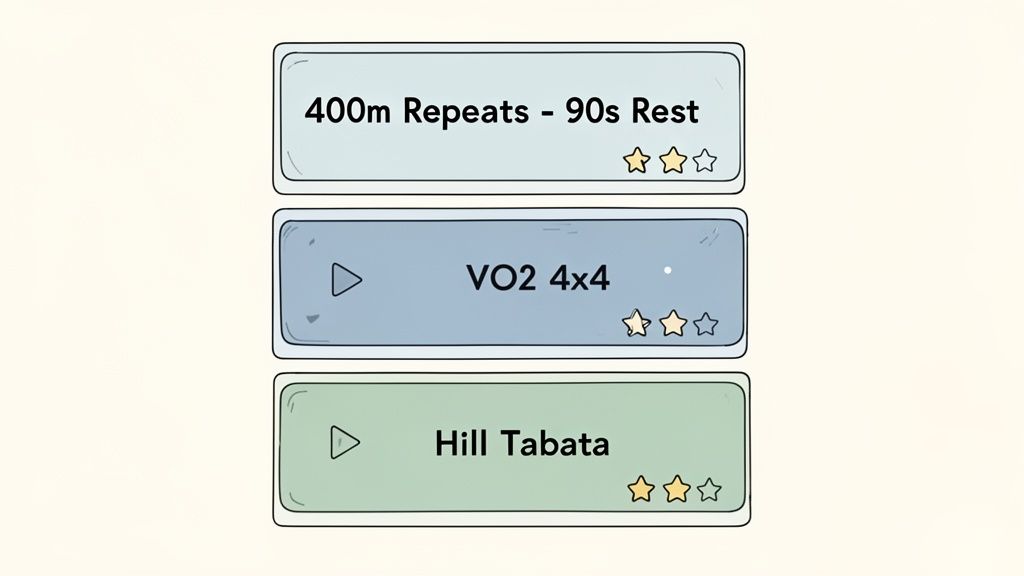 Three workout cards display running interval training options, including 400m repeats, VO2 4x4, and Hill Tabata.