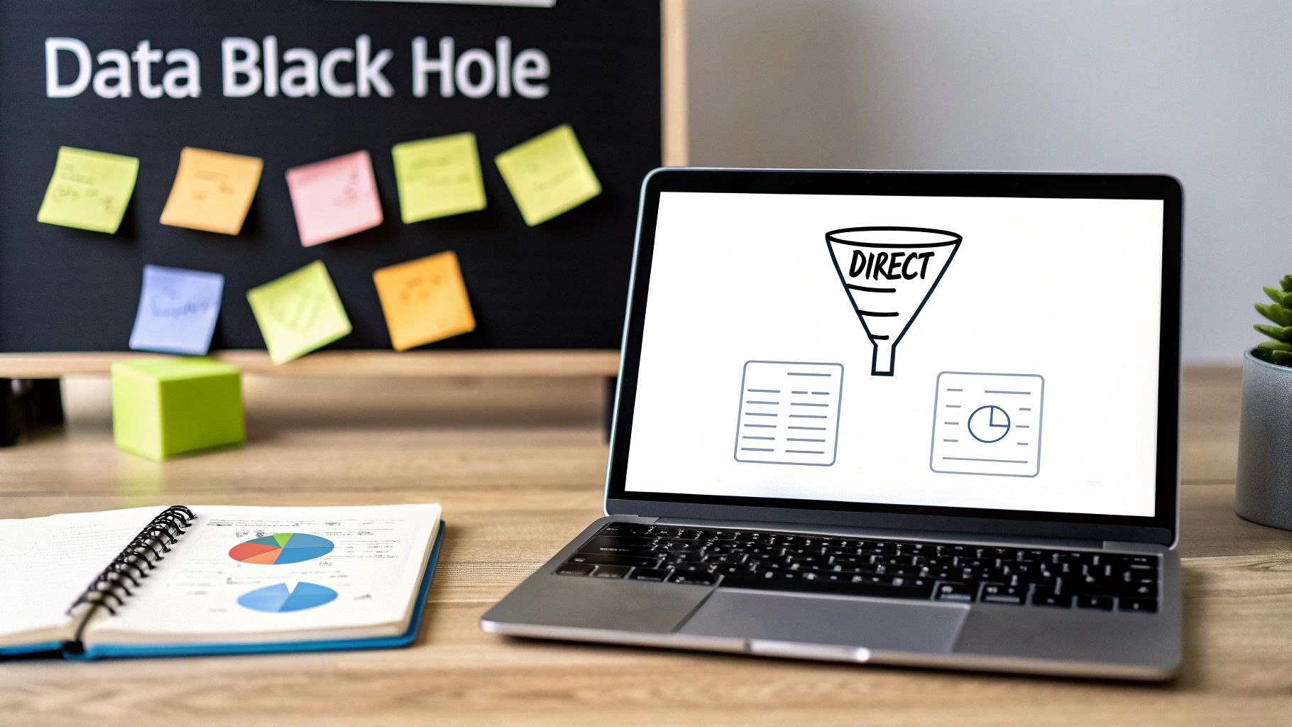Laptop displaying a direct marketing funnel icon, with a notebook, charts, and