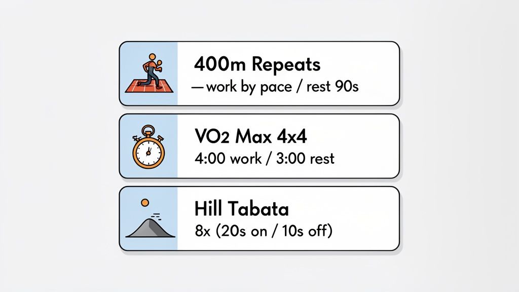 An illustration showing three common running interval workouts: 400m Repeats, VO2 Max 4x4, and Hill Tabata.