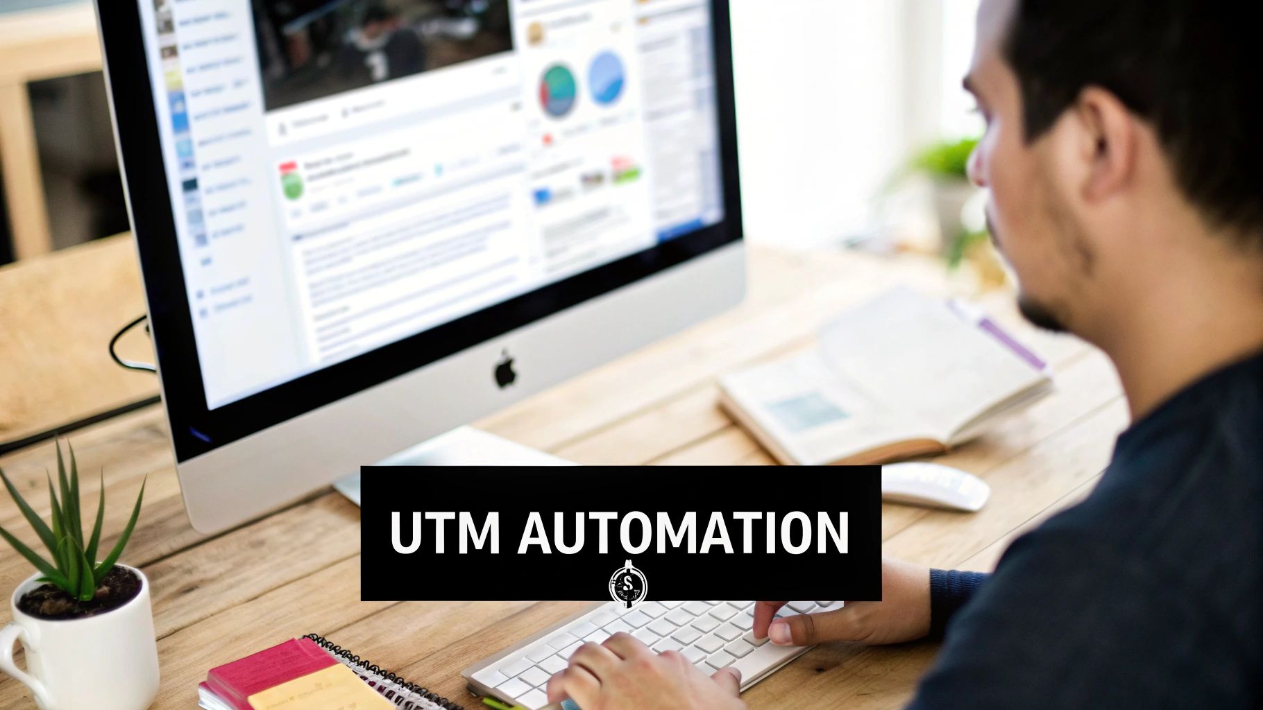 A person works at a computer, displaying analytics and social media content, with 'UTM AUTOMATION' text overlay.
