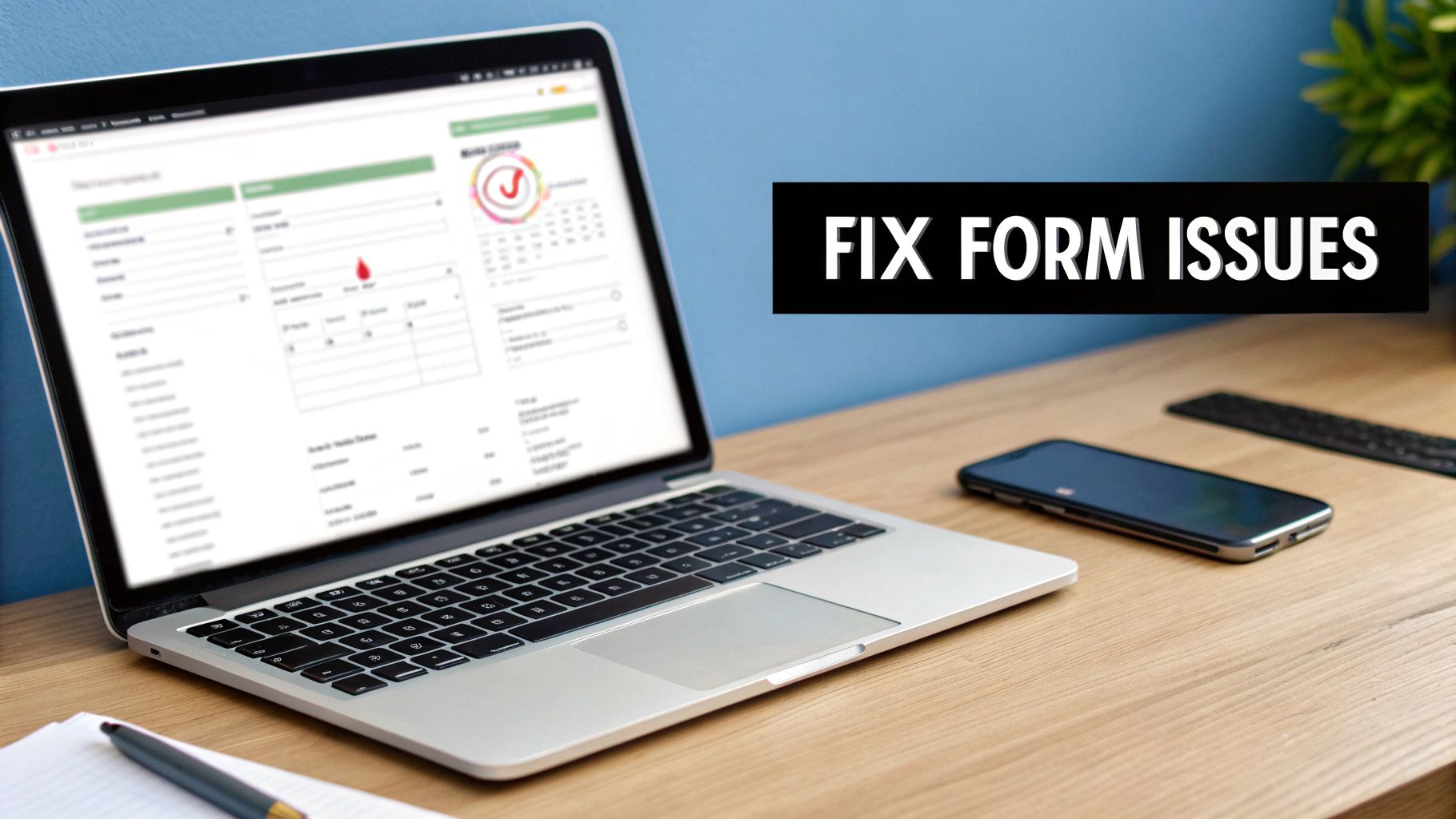 A laptop displays a web form with data and a red blood drop icon, beside a smartphone, with 'FIX FORM ISSUES' overlayed.