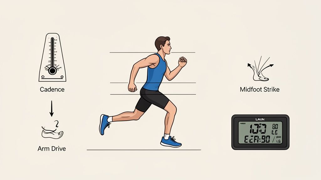 Illustration showing a runner and various elements like cadence, arm drive, midfoot strike, and digital performance metrics.