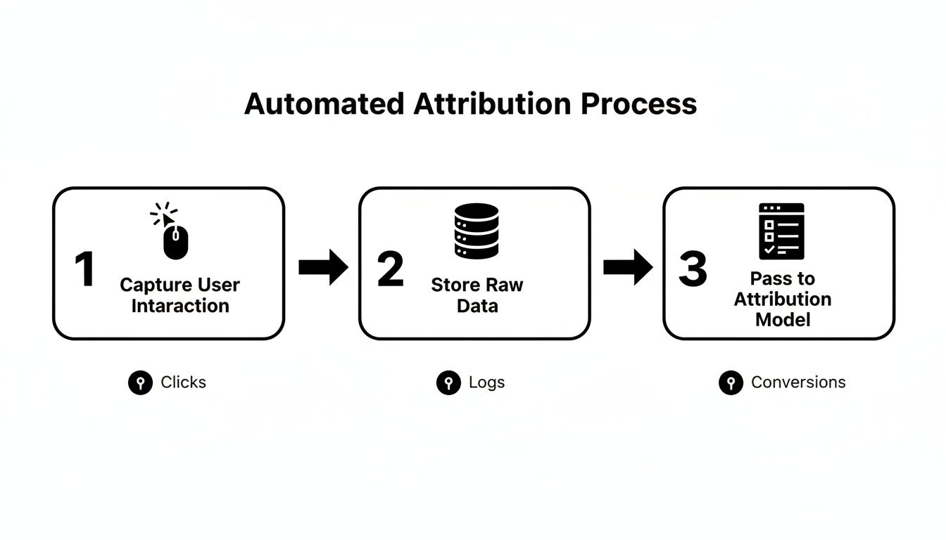 Flowchart illustrating a three-step automated attribution process for capturing and analyzing user interactions.