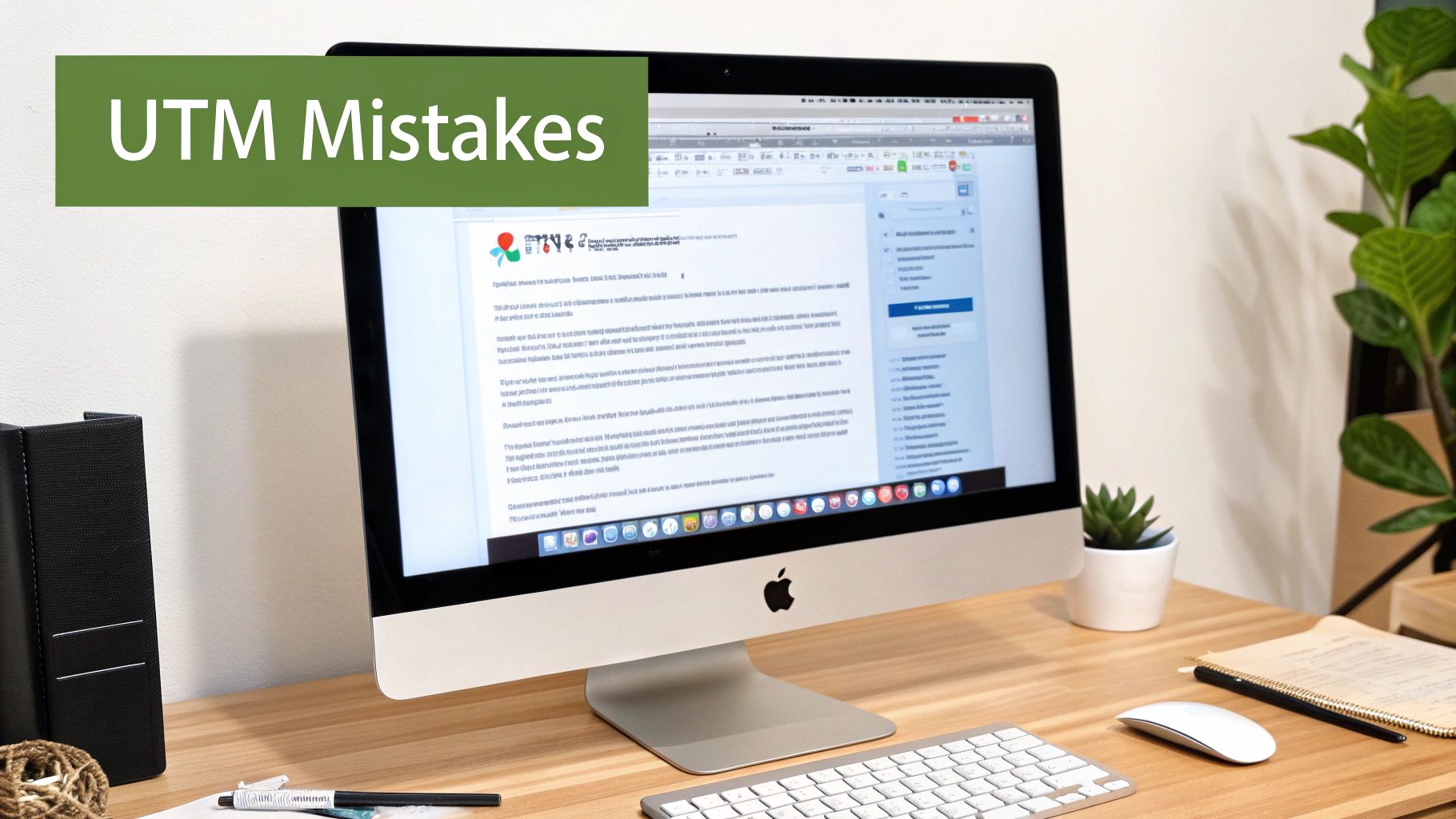 An office desk with an iMac displaying a document about 'UTM Mistakes', alongside a keyboard and mouse.