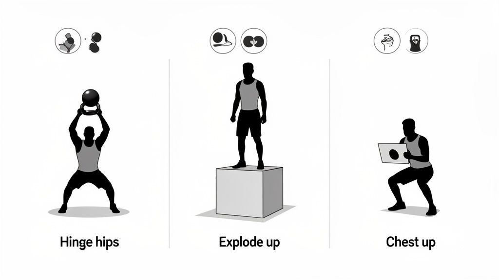 Three workout illustrations showing 'Hinge hips' with a kettlebell, 'Explode up' on a box, and 'Chest up' in a squat.
