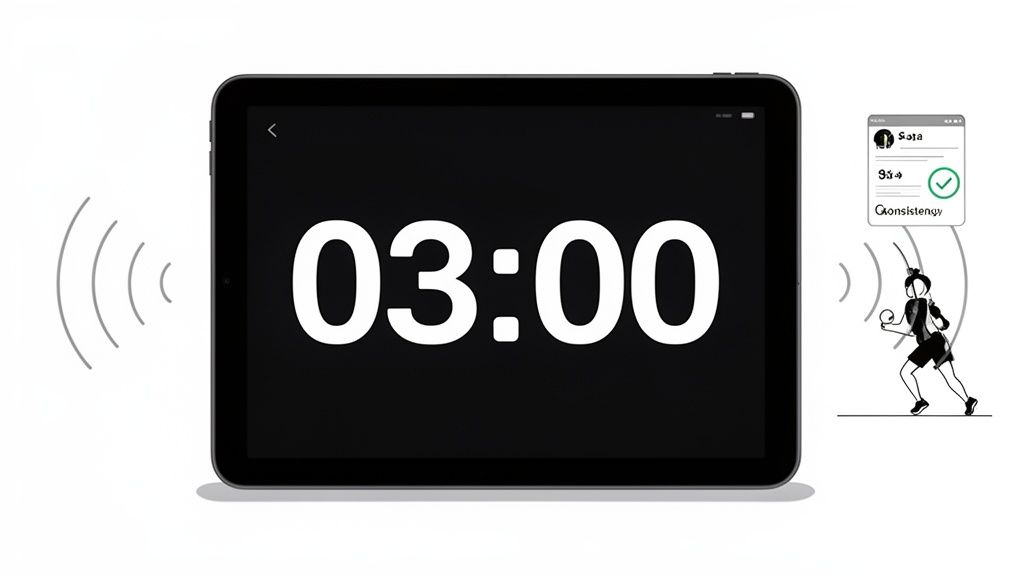 A tablet displaying a 3-minute workout timer, wirelessly connected to a fitness app showing a runner and consistency score.