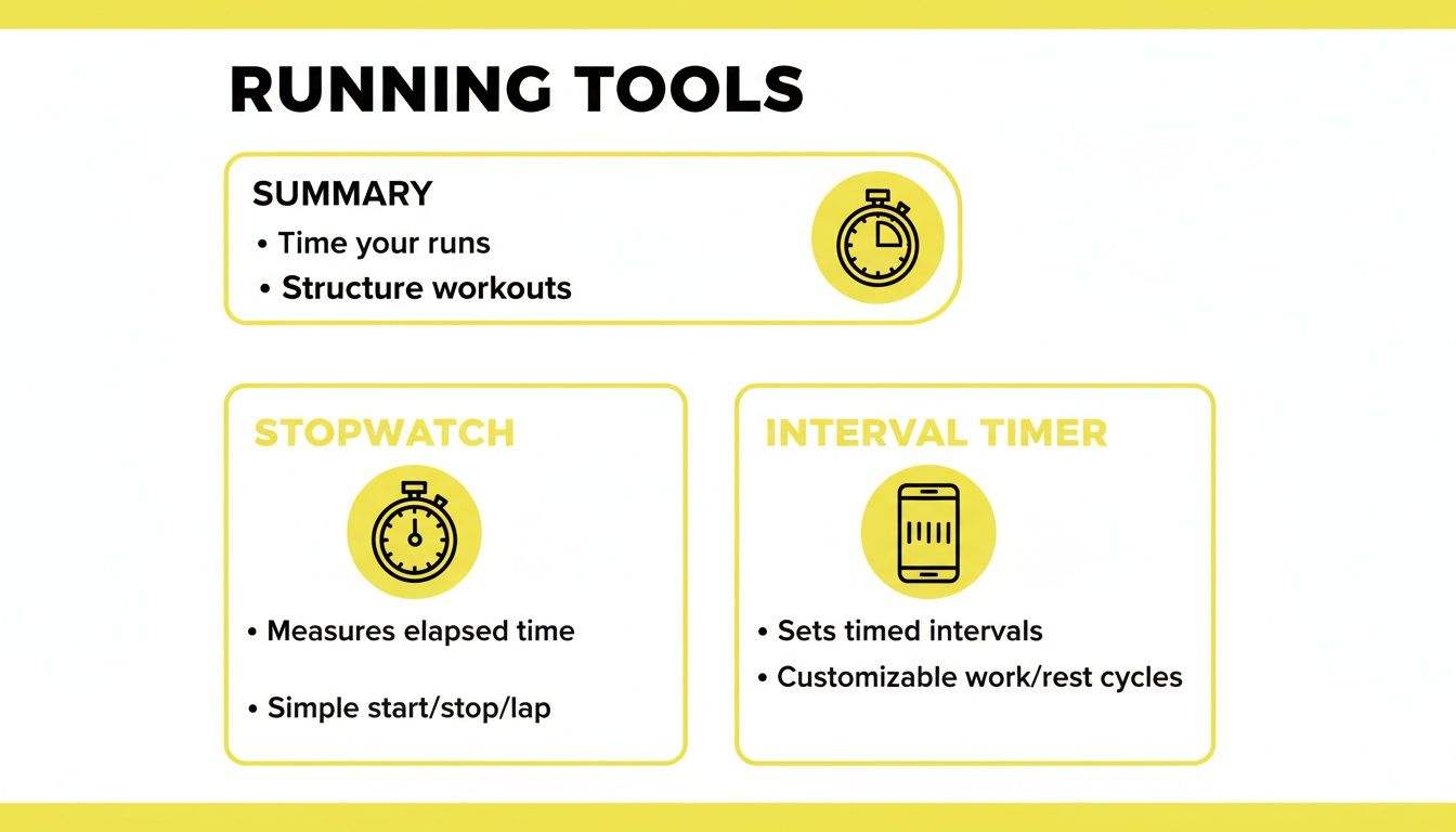 Infographic showing running tools: a summary, stopwatch, and interval timer with key features.