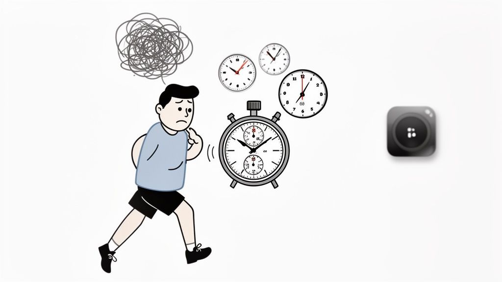 Illustration of a man running with a stressed expression, surrounded by clocks and a stopwatch, next to an app icon.