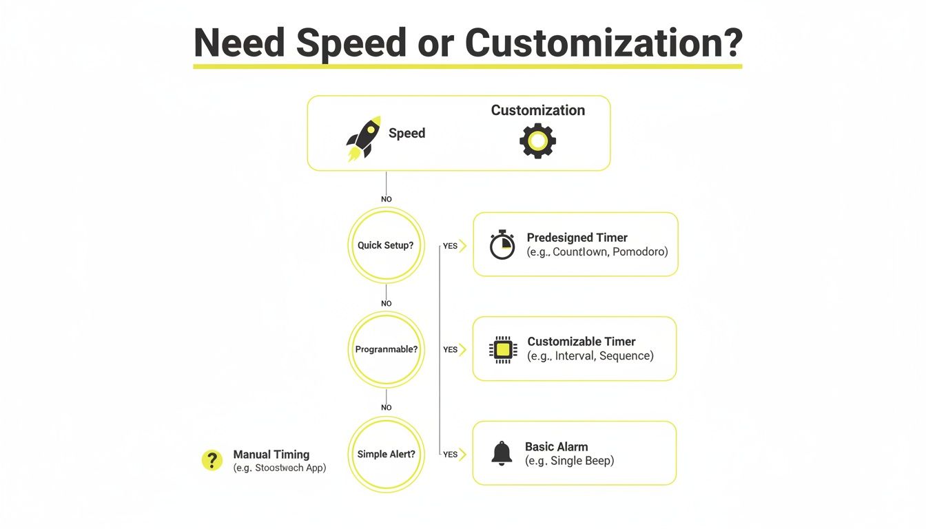 Decision tree for choosing the right timer or alarm based on speed and customization needs.