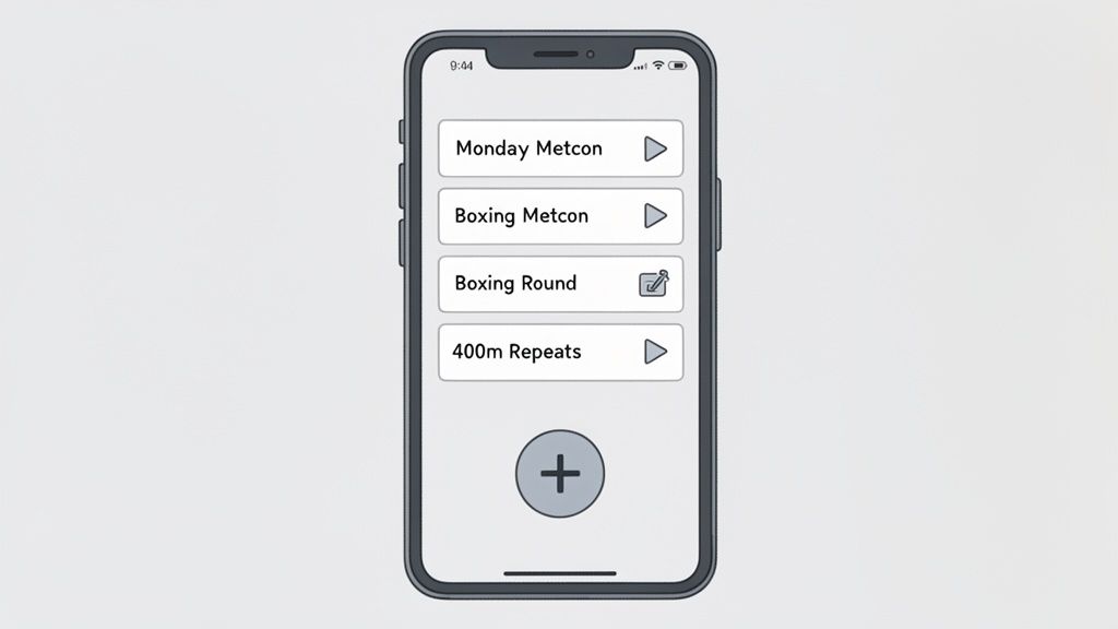 A smartphone screen displays a workout application listing routines like 'Monday Metcon' and 'Boxing Round'.
