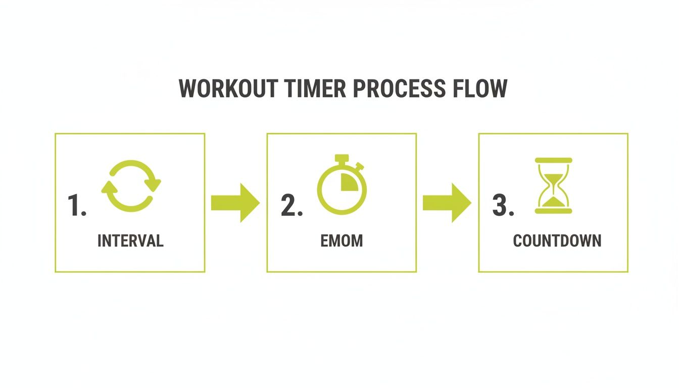 Workout timer process flow diagram illustrating Interval, EMOM, and Countdown modes for fitness activities.