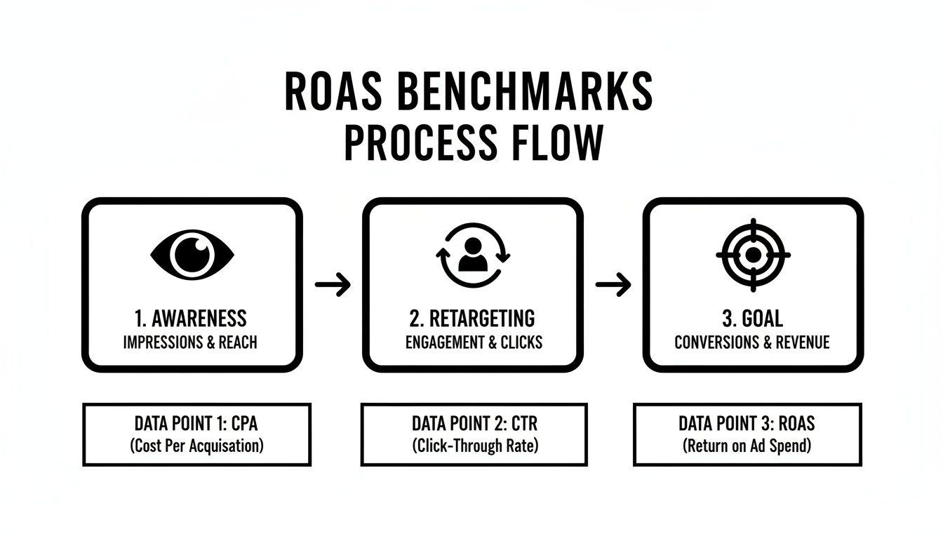 ROAS benchmarks process flow diagram illustrating awareness, retargeting, and goal stages with key data points.