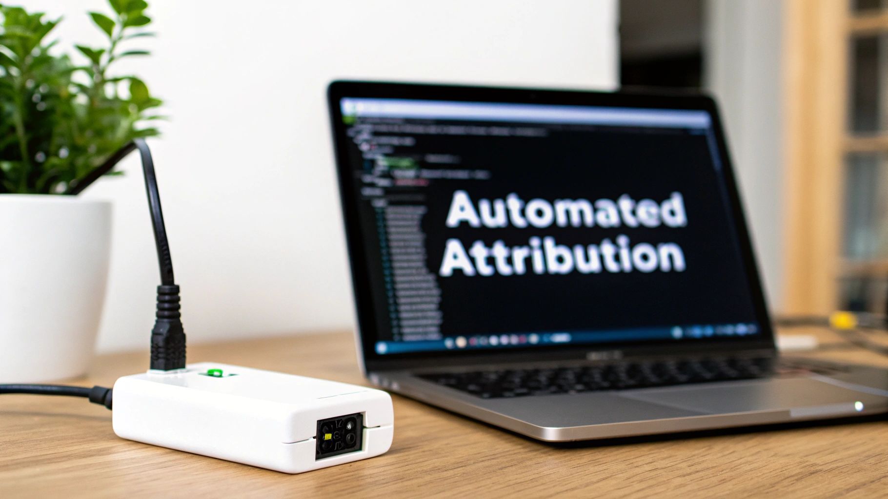 A white device connected to a laptop displaying 'Automated Attribution' on a wooden desk with a plant.