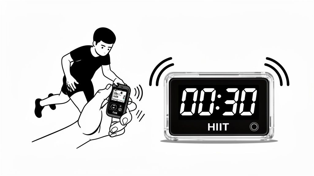 A black and white illustration shows a person exercising, while a hand uses a phone to control a digital HIIT timer.
