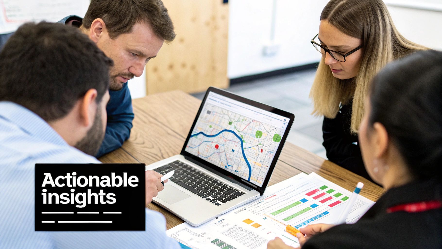 A group of professionals collaboratively analyzing a map on a laptop and data documents.