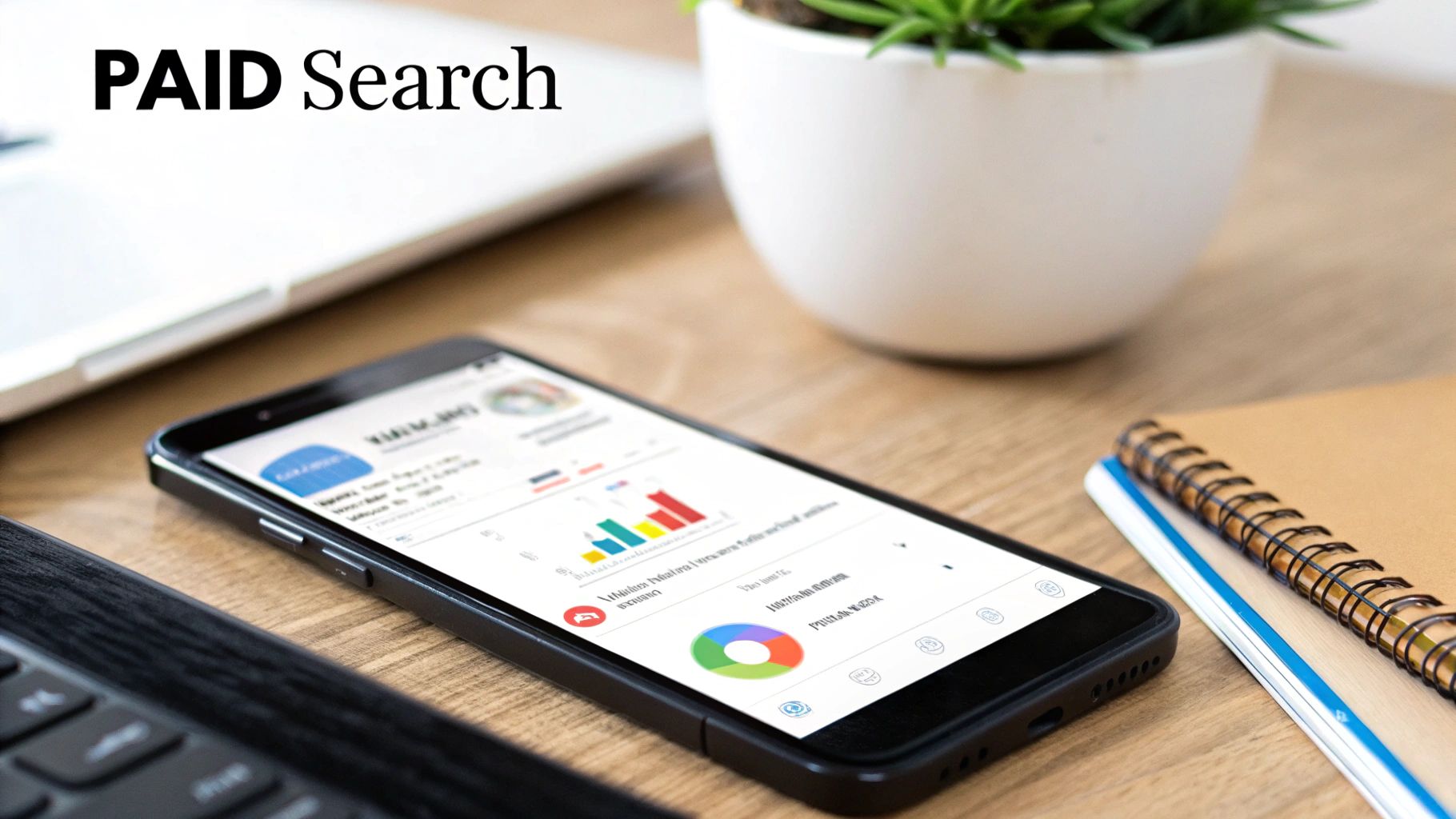 A smartphone displaying marketing analytics with 'PAID Search' text overlay, alongside a laptop and plant.