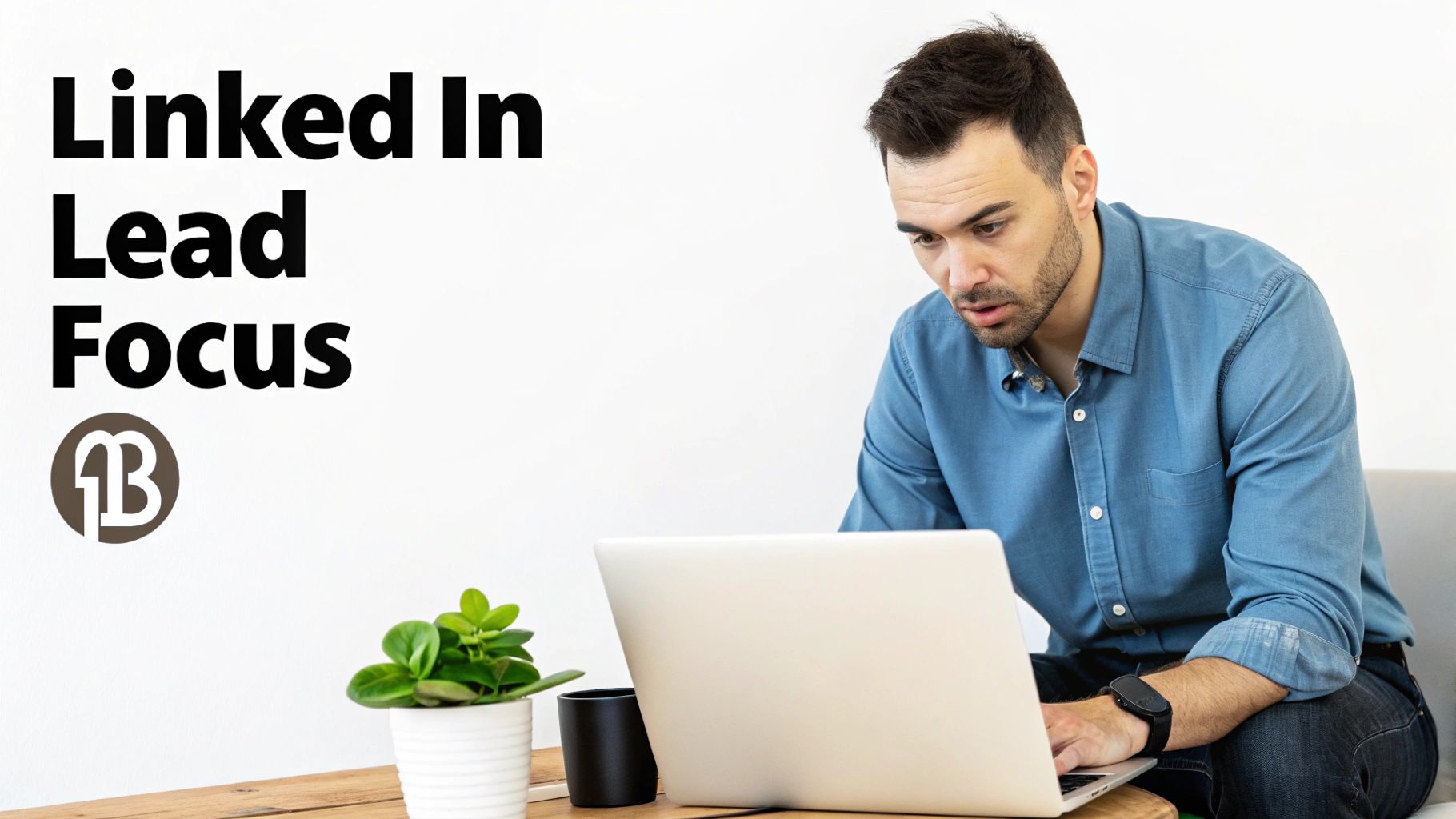 A man in a blue shirt is intently focused on his laptop, with 'LinkedIn Lead Focus' text.