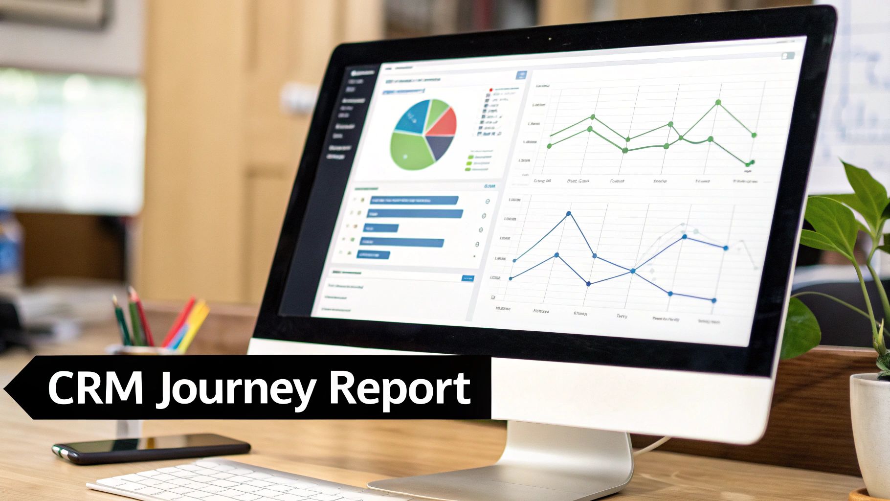 A computer monitor displays a CRM journey report with various charts and graphs on a wooden desk.