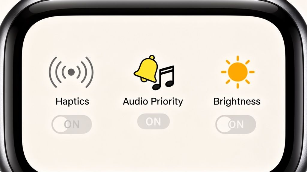 A close-up of an Apple Watch screen displaying Haptics, Audio Priority, and Brightness settings with their toggle switches.