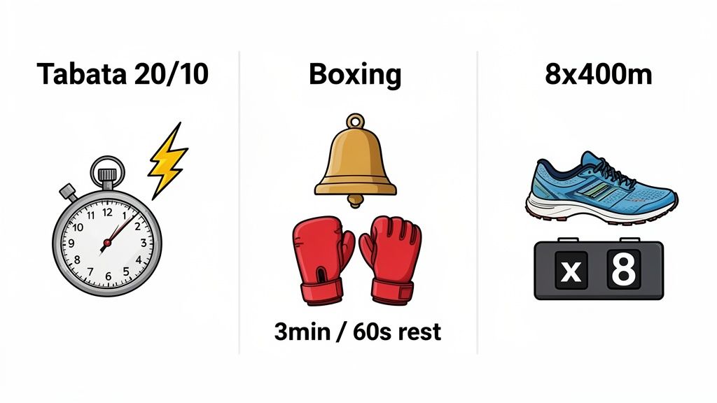 A visual guide to three interval workouts: Tabata 20/10, Boxing rounds, and 8x400m running.