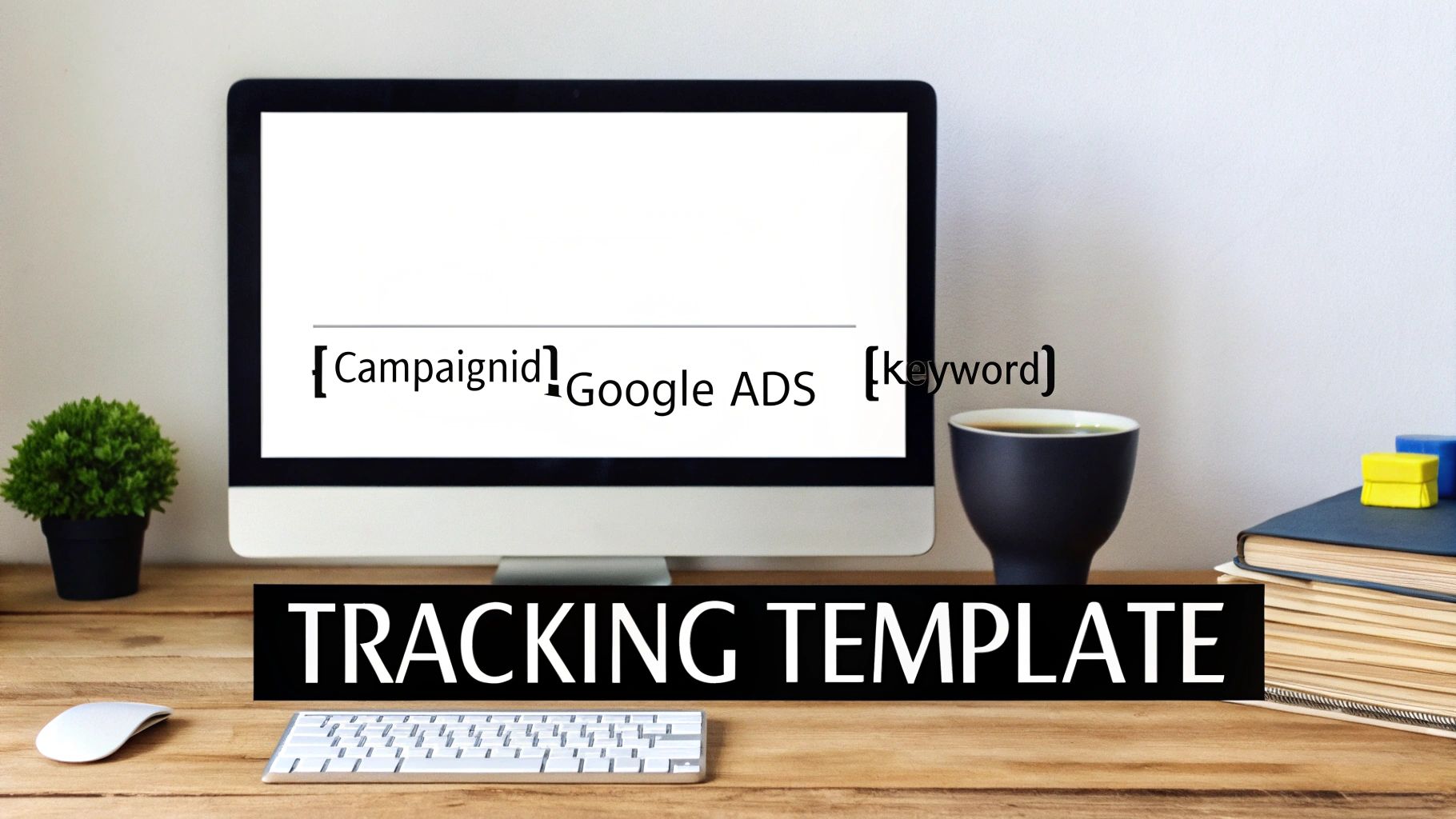 A desktop setup with a monitor displaying Google Ads tracking parameters for campaign ID and keyword, labeled 'TRACKING TEMPLATE'.