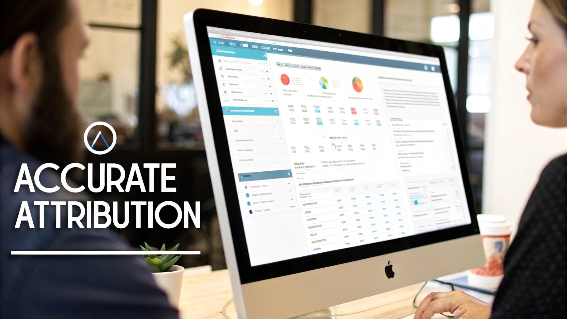 Colleagues reviewing an analytics dashboard on a computer for accurate attribution insights.