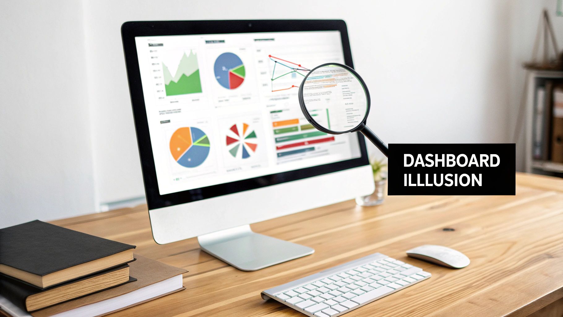 A magnifying glass held over a computer screen displaying a data analysis dashboard with various charts.