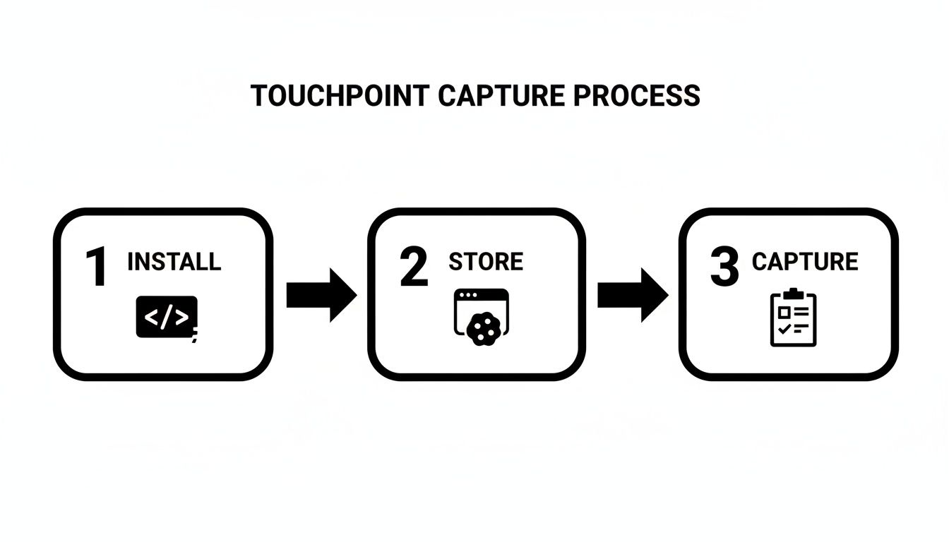 Diagram illustrating the three-step Touchpoint Capture Process: Install, Store, and Capture with relevant icons.