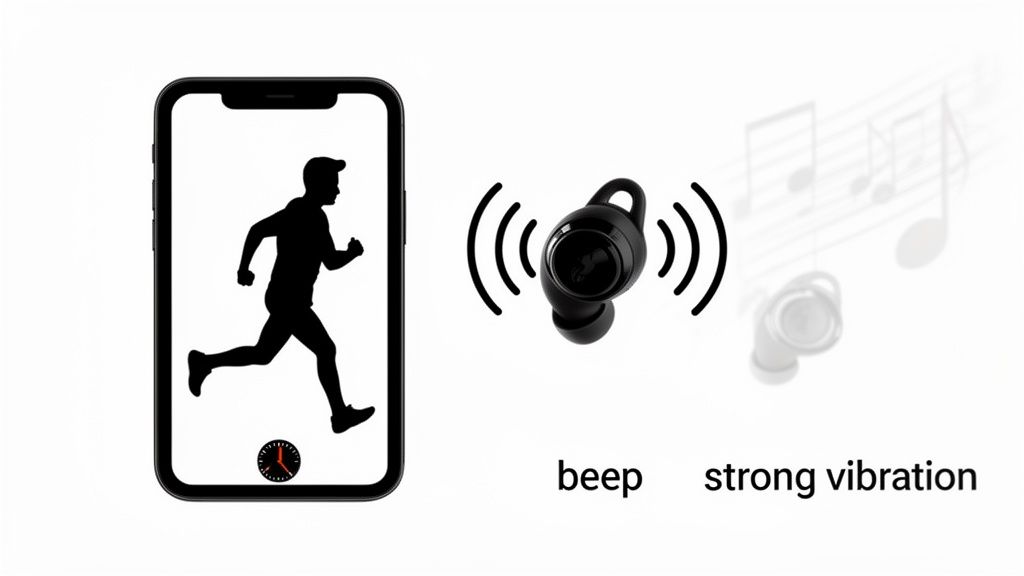 Phone displaying a running app with a runner silhouette, earbud showing audio cues like 'beep' and 'strong vibration'.