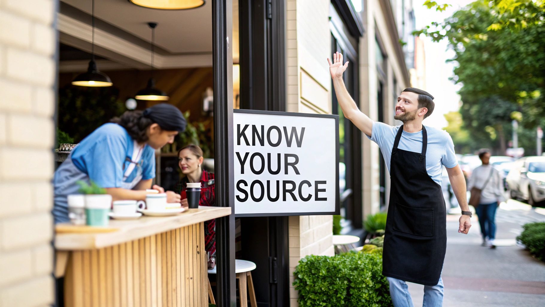 Friendly barista waves outside a bustling cafe with a prominent 'Know Your Source' sign.