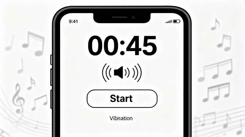A smartphone displays a simple timer set to 00:45 with a sound icon and a 'Start' button, against a musical background.