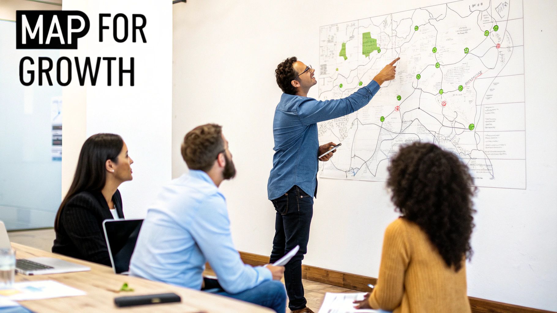 A group of professionals discusses a large strategic map on a wall in a bright office.