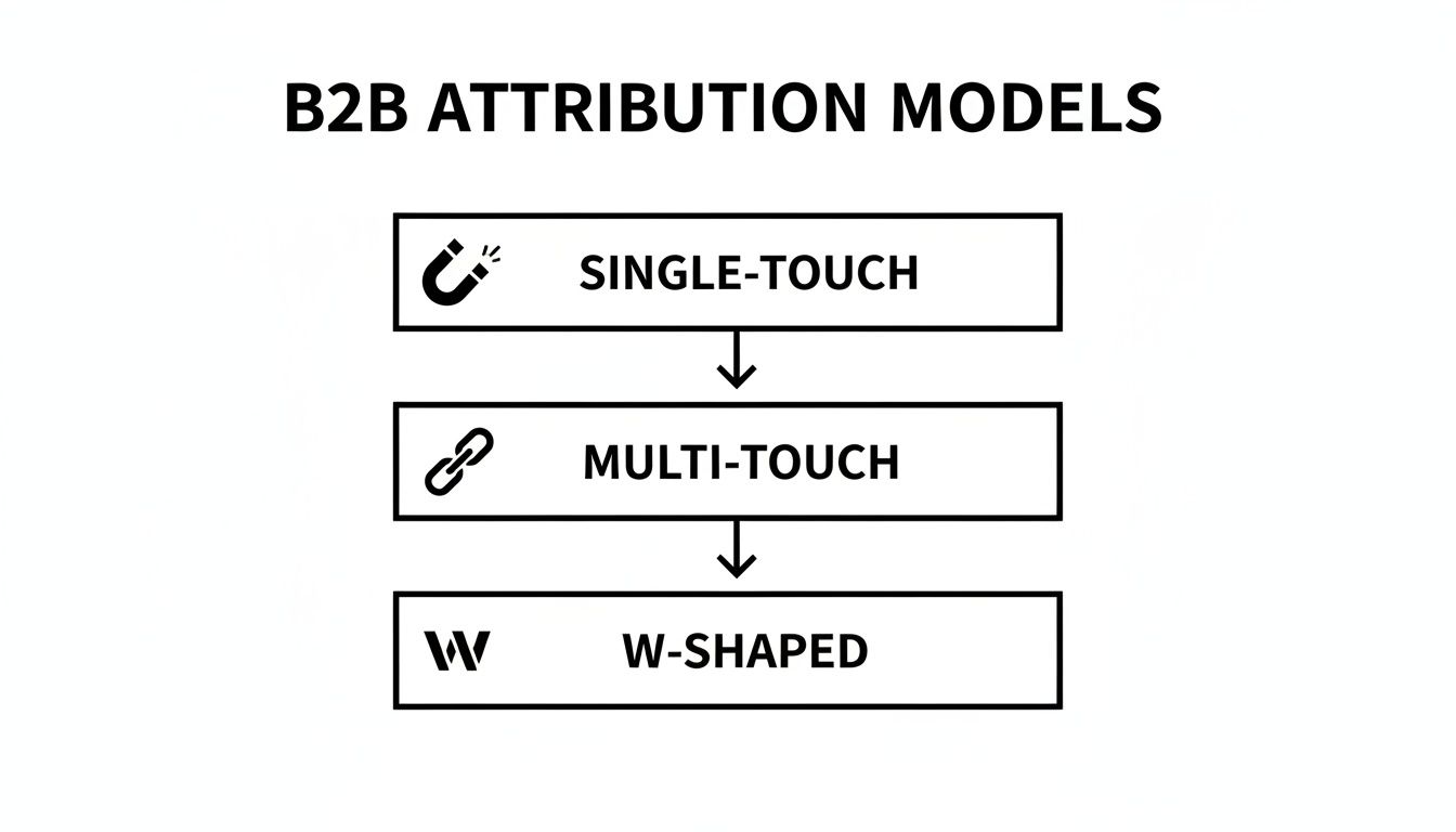 Diagram illustrating B2B attribution models: Single-Touch, Multi-Touch, and W-Shaped, with icons.