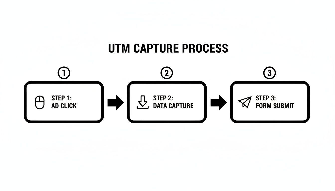 A flowchart illustrating the three-step UTM capture process: ad click, data capture, and form submit.