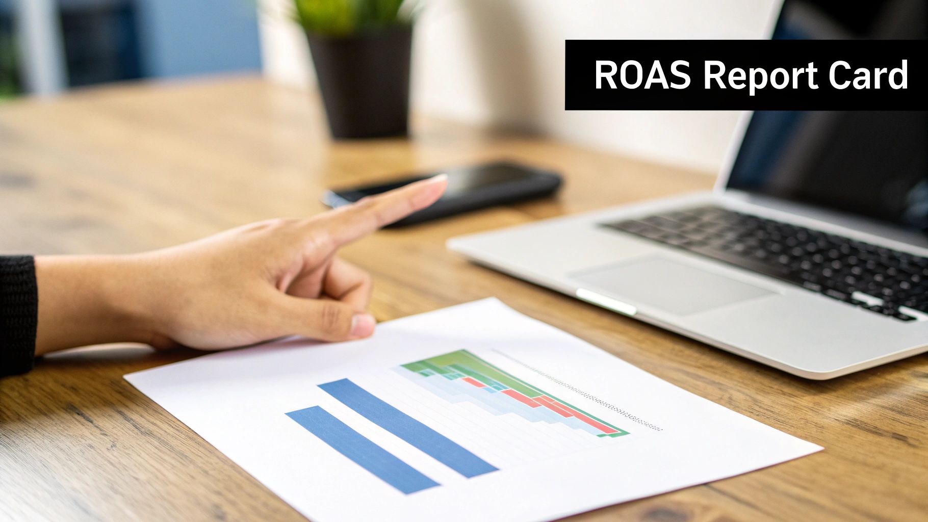 A hand points to a ROAS Report Card document with charts, a laptop, and a phone on a desk.