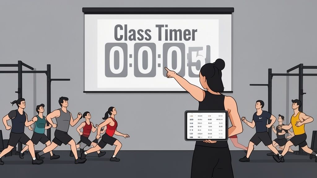 A group of people exercising in a gym with a trainer pointing at a 'Class Timer' on a screen.