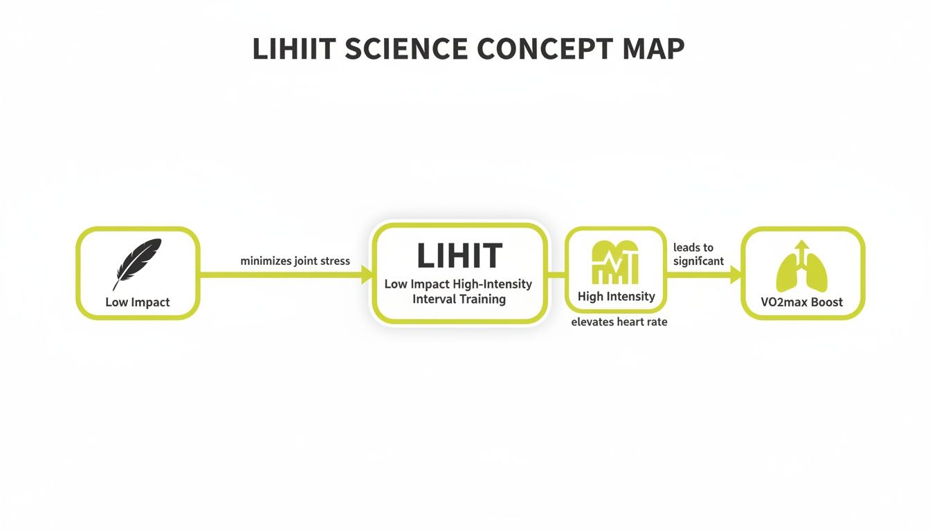Concept map explaining LIHIIT, showing how low impact minimizes joint stress and high intensity boosts VO2max.