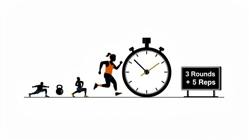 Illustration of fitness workout elements: people exercising, a kettlebell, a stopwatch, and a sign indicating '3 Rounds + 5 Reps'.