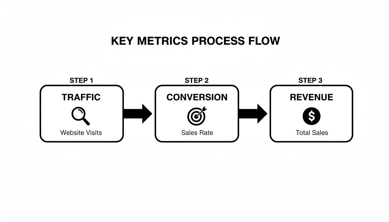 A three-step key metrics process flow illustrating traffic, conversion, and revenue for marketing analysis.