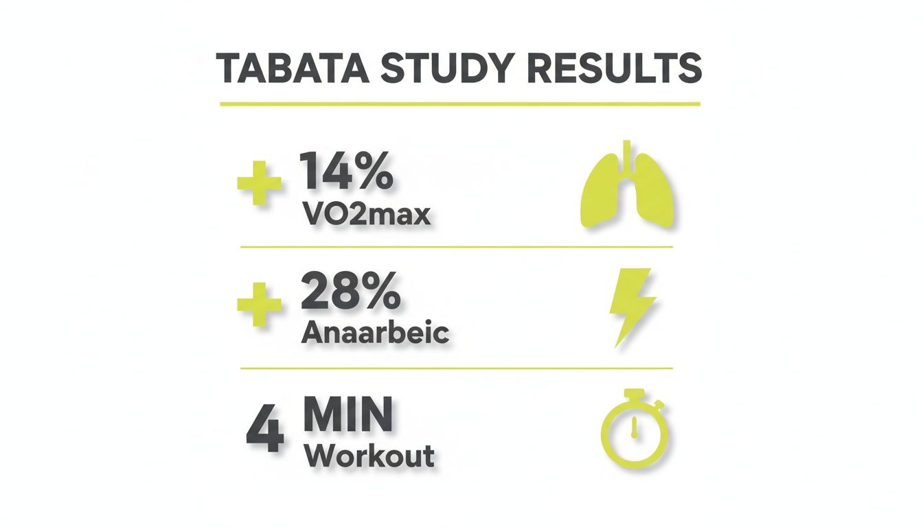 Tabata study results showing a 14% increase in VO2max, 28% anaerobic improvement, and a 4-minute workout.