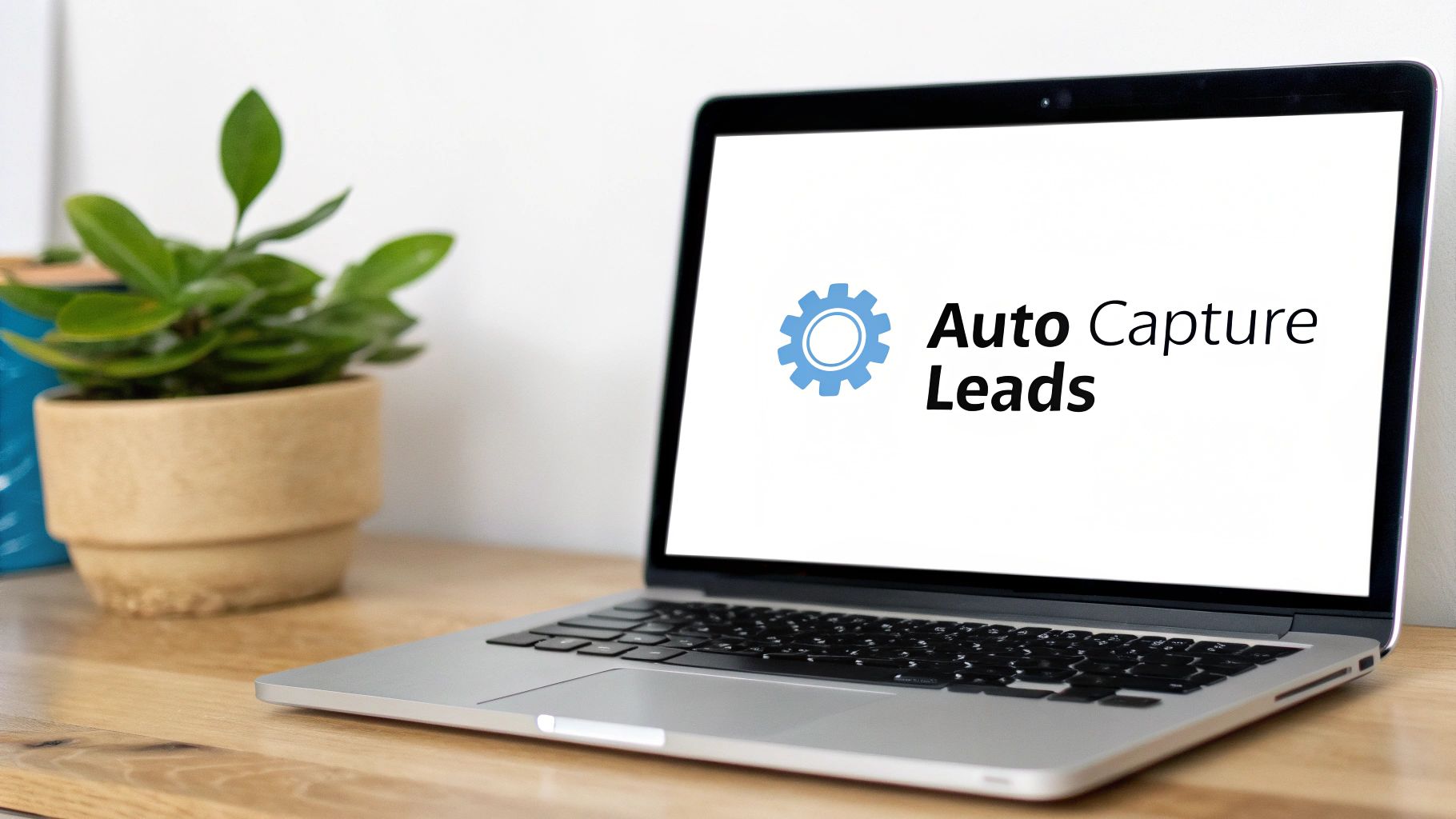A laptop on a wooden desk displays 'Auto Capture Leads' with a blue gear icon, next to a green plant.