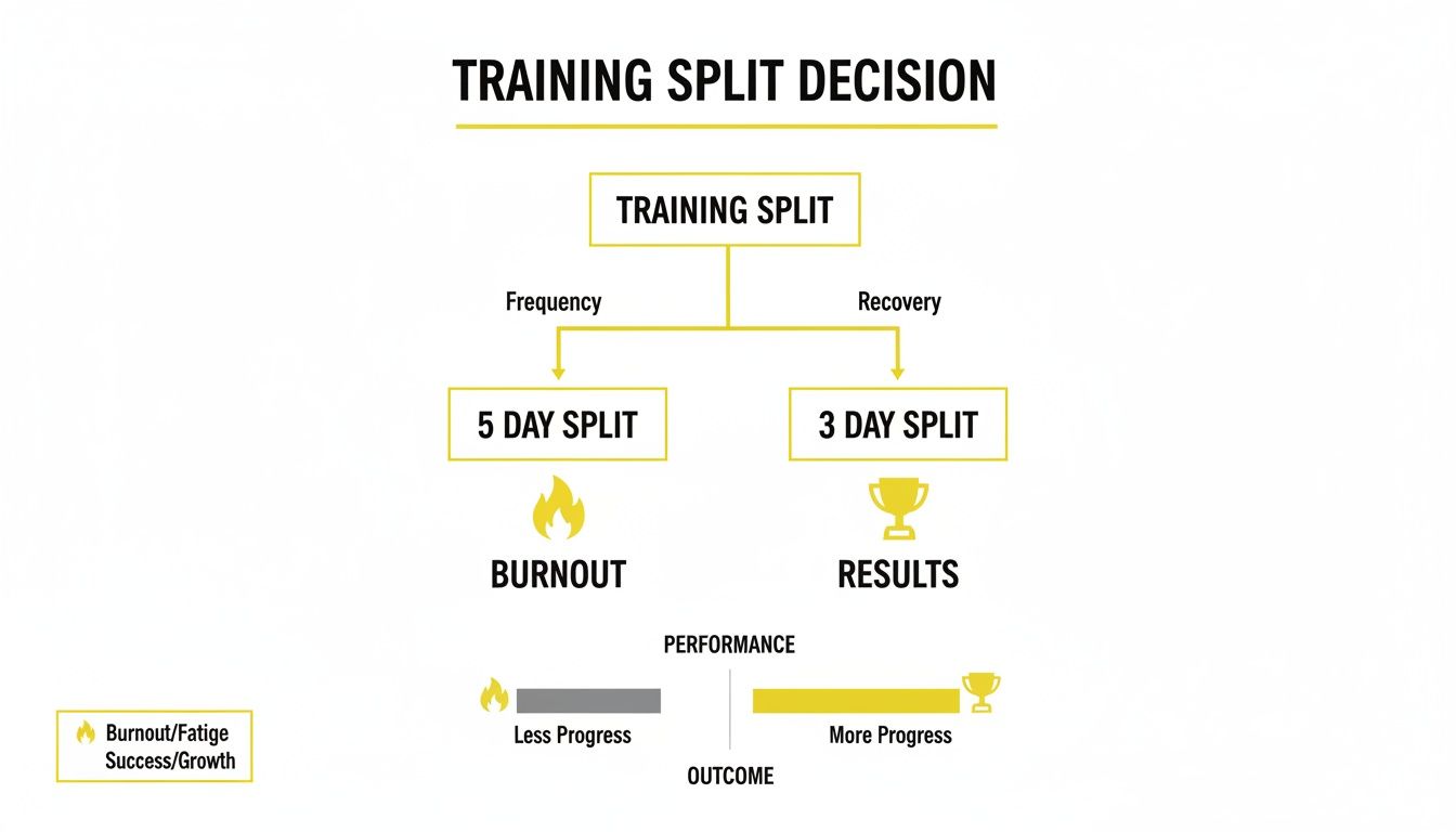 Flowchart comparing a 5-day training split leading to burnout, versus a 3-day split for better results.