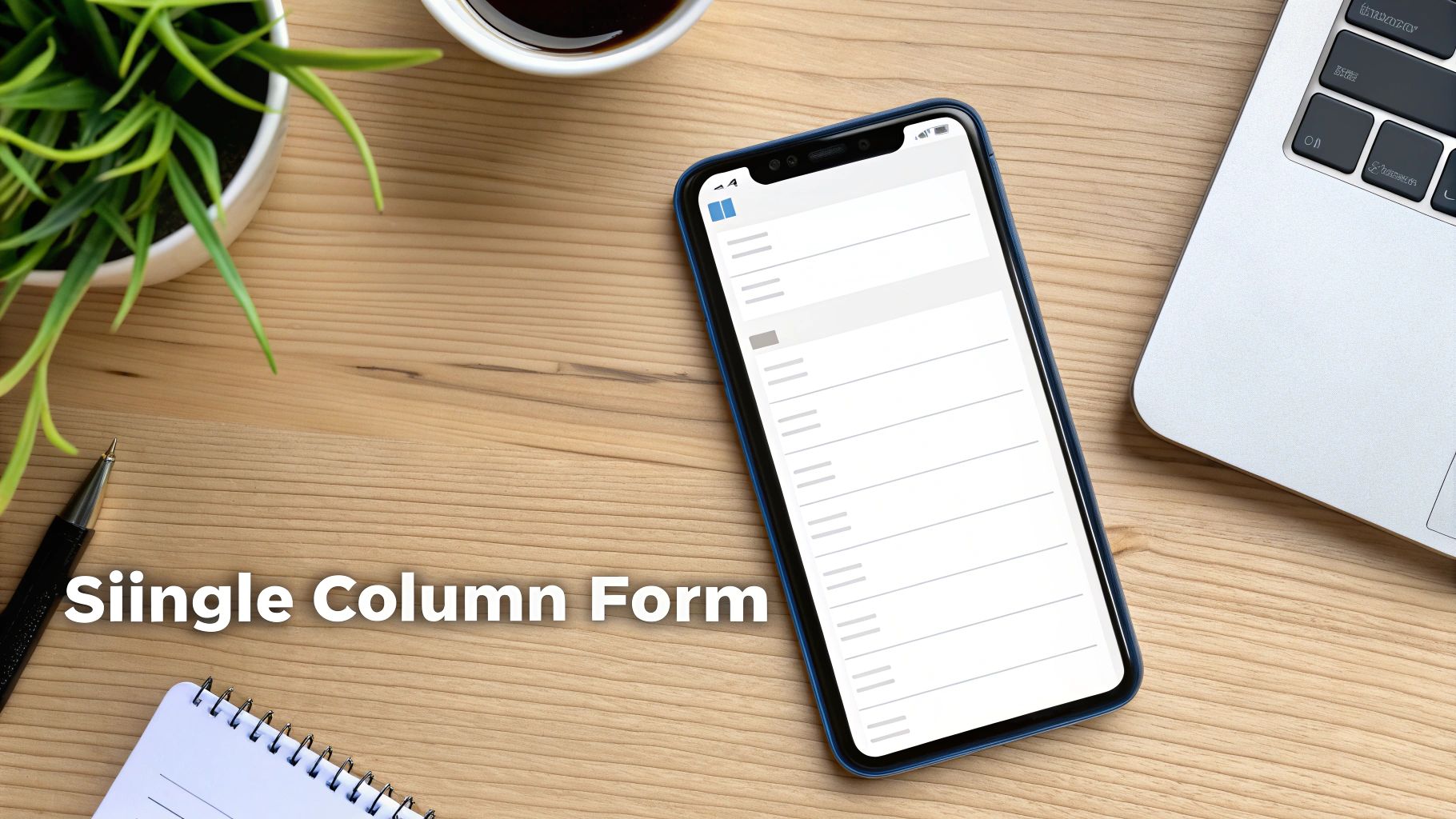 A smartphone on a wooden desk displays a blank single-column form, surrounded by office items.
