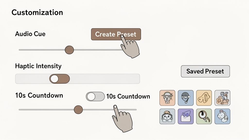 Customization settings for an EMOM timer app, including audio cues, haptic intensity, and a 10-second countdown.