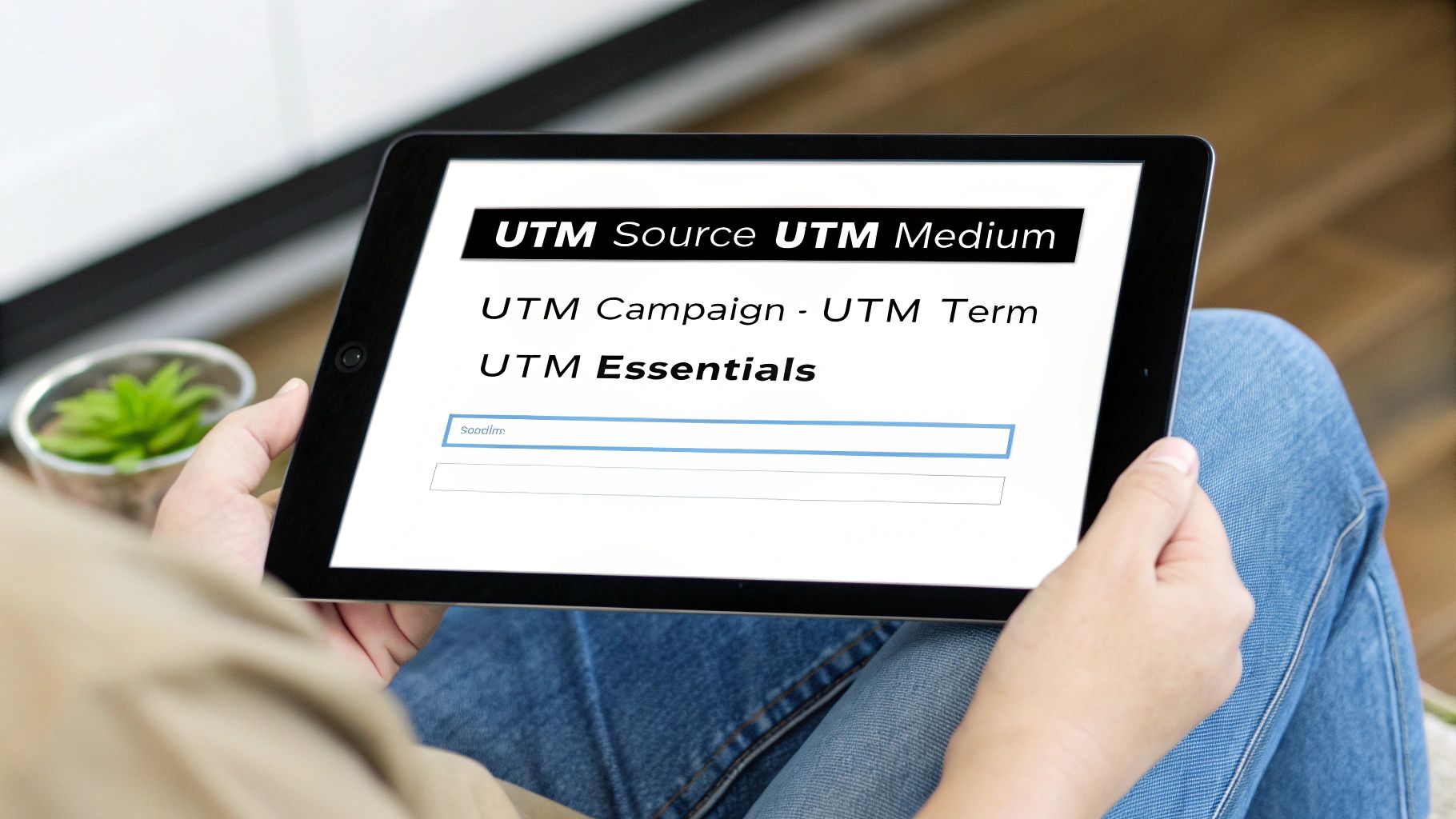 A person holds a tablet displaying UTM Source, Medium, Campaign, Term, and Essentials.