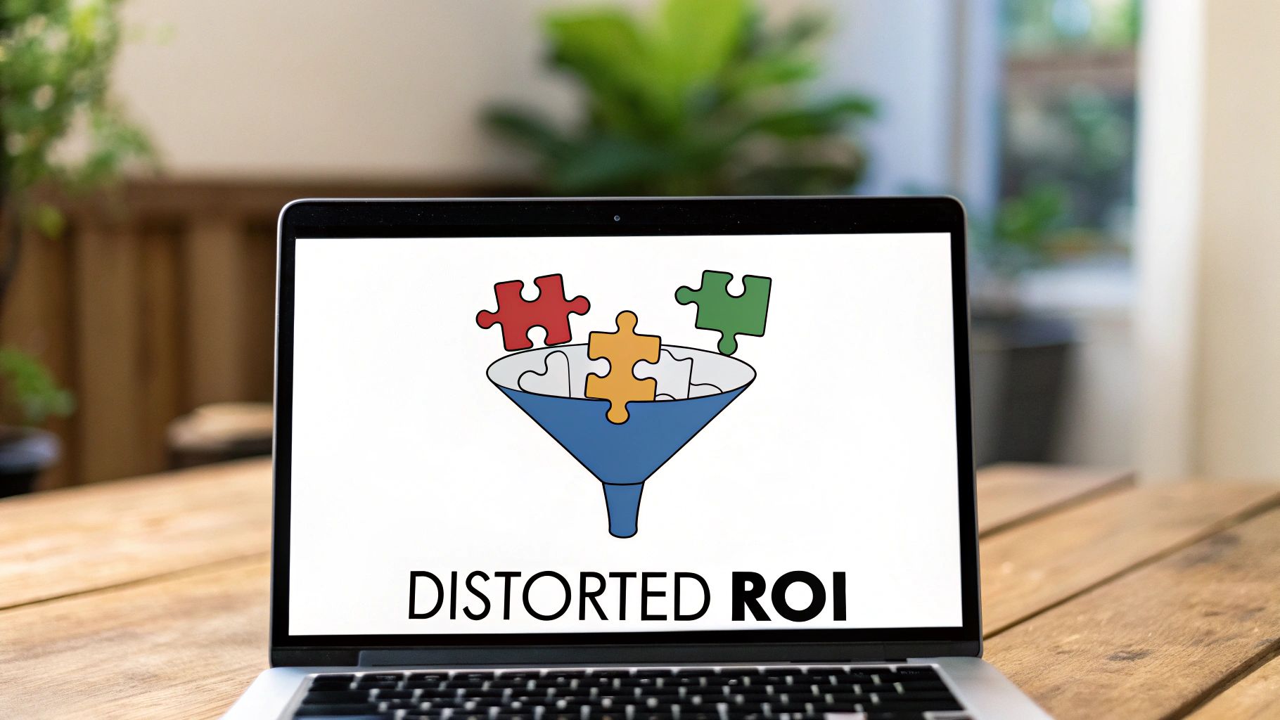 Laptop showing a graphic of colorful puzzle pieces entering a funnel, illustrating 'DISTORTED ROI'.