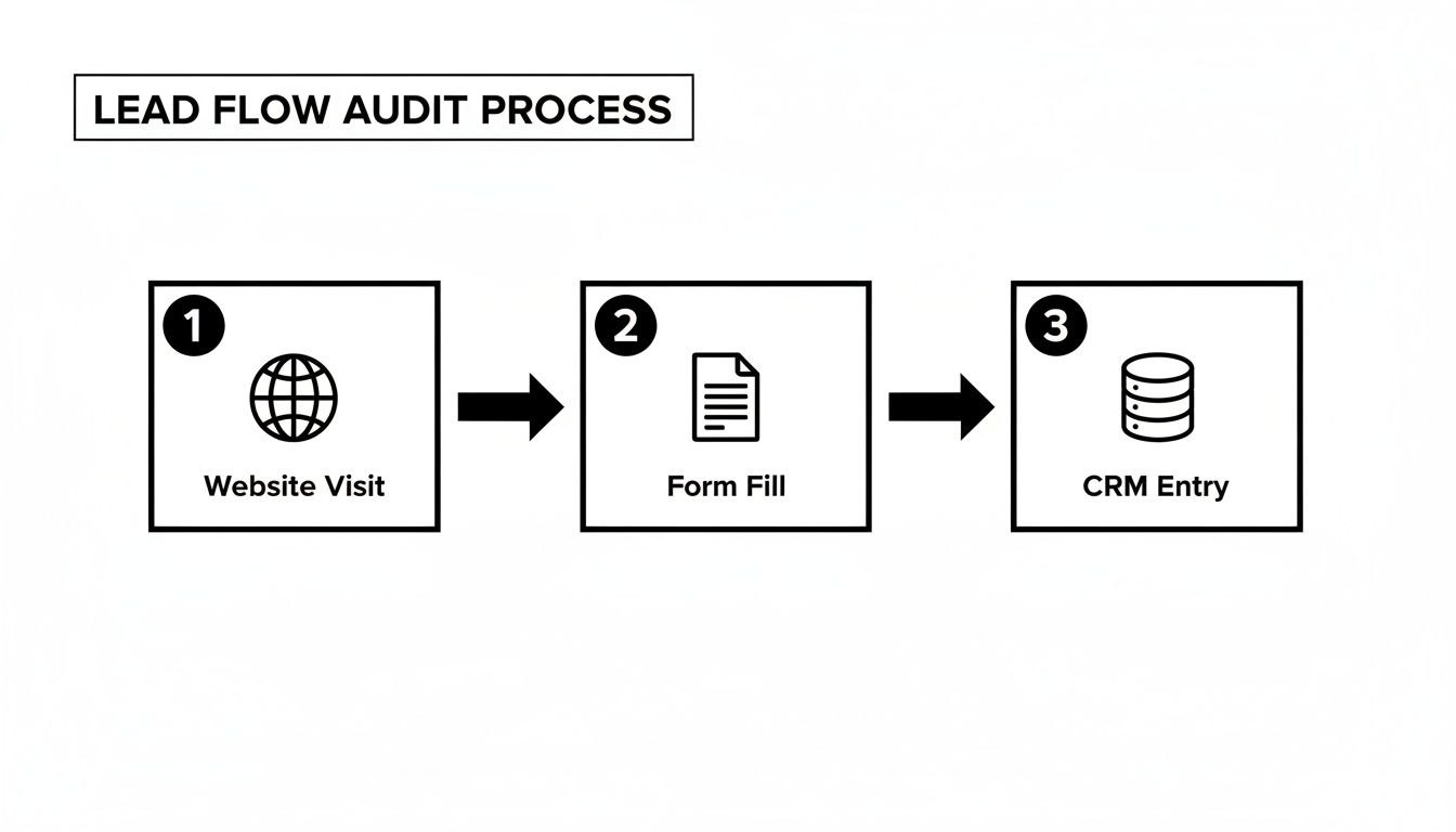 Diagram showing a three-step lead flow audit process: website visit, form fill, CRM entry.