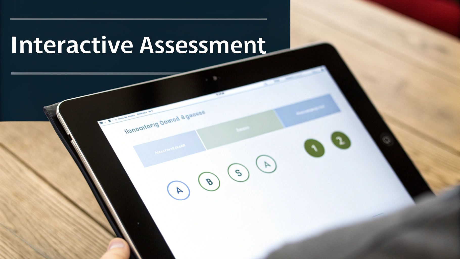 A person holds a tablet displaying an interactive assessment with multiple-choice options and numerical steps.