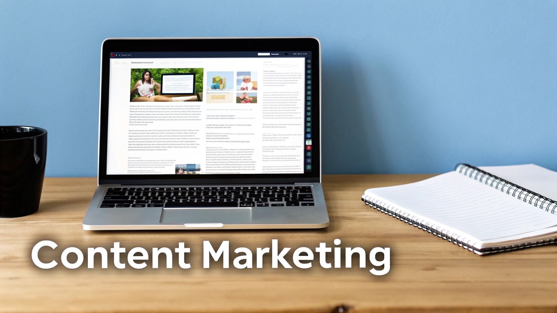 A laptop displaying a content marketing article, next to a black mug and an open notebook.