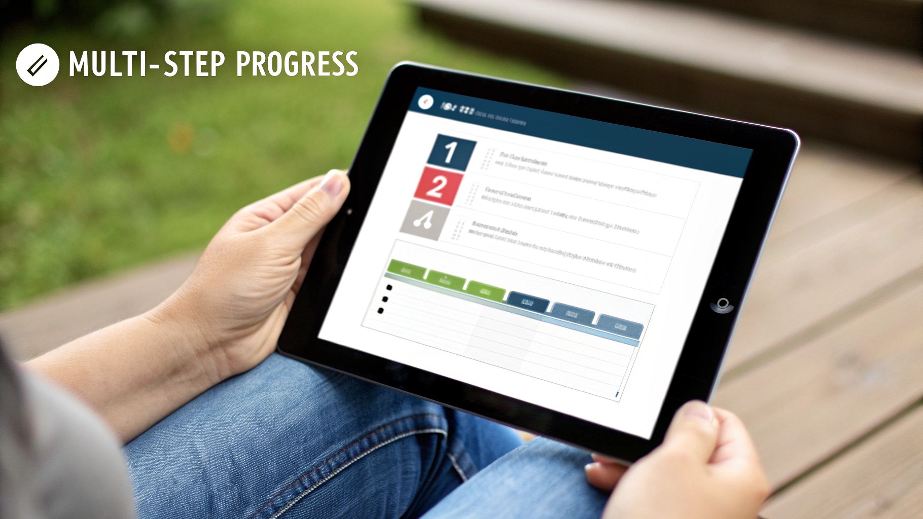 A person holds a tablet displaying a multi-step progress form with numbered steps and a progress bar.